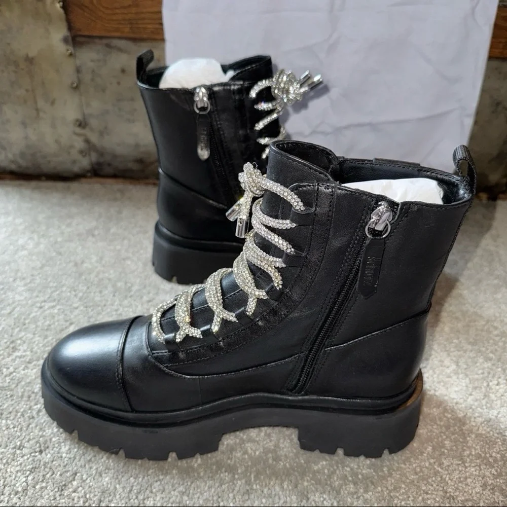 NIB Schutz Kaile Black Lug Lace Up/Side Zip Combat Moto Leather Boots SZ 7 - Picture 7 of 12